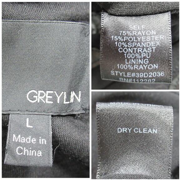 GREYLIN Ollie Black Faux Leather Geometric Patch Sheath Dress Size Large - Picture 10 of 11